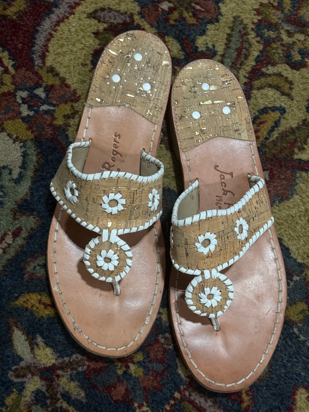 Jack Rogers Cork Navajo Sandals – Size 10 – White Leather Trim Flip Flops